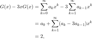 \begin{align*} G(x) - 3xG(x) & = \sum_{k = 0}^{\infty} a_kx^k - 3\sum_{k = 1}^{\infty} a_{k - 1}x^k \\ & = a_0 + \sum_{k = 1}^{\infty} (a_k - 3a_{k-1})x^k \\ & = 2, \end{align*}