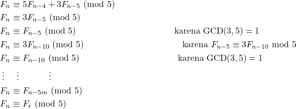 \begin{equation*} \begin{split} F_{n}&\equiv 5F_{n-4}+3F_{n-5} ~(\text{mod}~5)\\ F_{n}&\equiv 3F_{n-5} ~(\text{mod}~5)\\ F_{n}&\equiv F_{n-5} ~(\text{mod}~5)~\hspace*{4cm}~\text{karena}~\text{GCD}(3,5)=1\\ F_{n}&\equiv 3F_{n-10}~(\text{mod}~5)~\hspace*{4cm}~\text{karena}~F_{n-5}\equiv 3F_{n-10}~\text{mod}~5\\ F_{n}&\equiv F_{n-10} ~(\text{mod}~5)~\hspace*{4cm}~\text{karena}~\text{GCD}(3,5)=1\\ \vdots ~~&~~\vdots~~~~~~~~~~ \vdots\\ F_{n}&\equiv F_{n-5m} ~(\text{mod}~5)\\ F_{n}&\equiv F_{r} ~(\text{mod}~5) \end{split} \end{equation*}