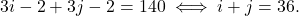 \[3i-2+3j-2=140 \iff i+j=36 .\]