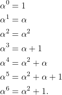 \begin{align*} \alpha^{0}&=1\\ \alpha^1&=\alpha\\ \alpha^2&=\alpha^2\\ \alpha^3&=\alpha+1\\ \alpha^4&=\alpha^2+\alpha\\ \alpha^5&=\alpha^2+\alpha+1\\ \alpha^6&=\alpha^2+1 . \end{align*}